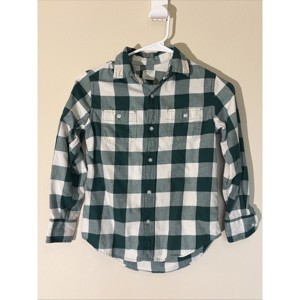Crewcuts Flannel Green/White Plaid Check Button Up Camp Shirt Youth Boy 8
